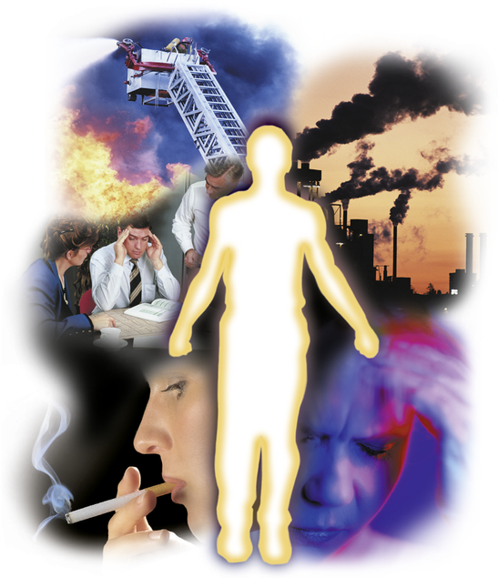 Selenium + Zinc protects against modern world pollutants a human silhouette against a background showing cigarette smoke, industrial settings and stressed people